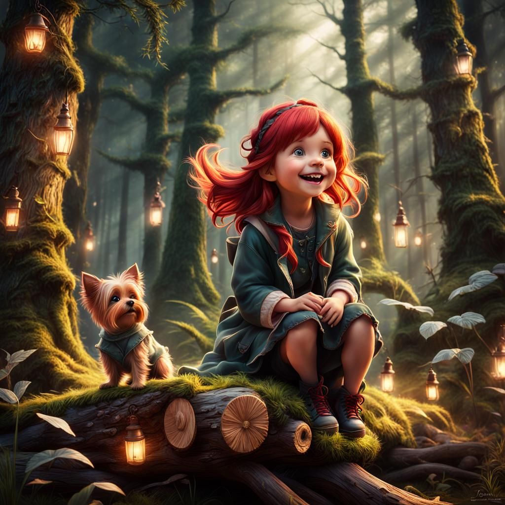 Redhead Girl in Magical Forest with Yorkie