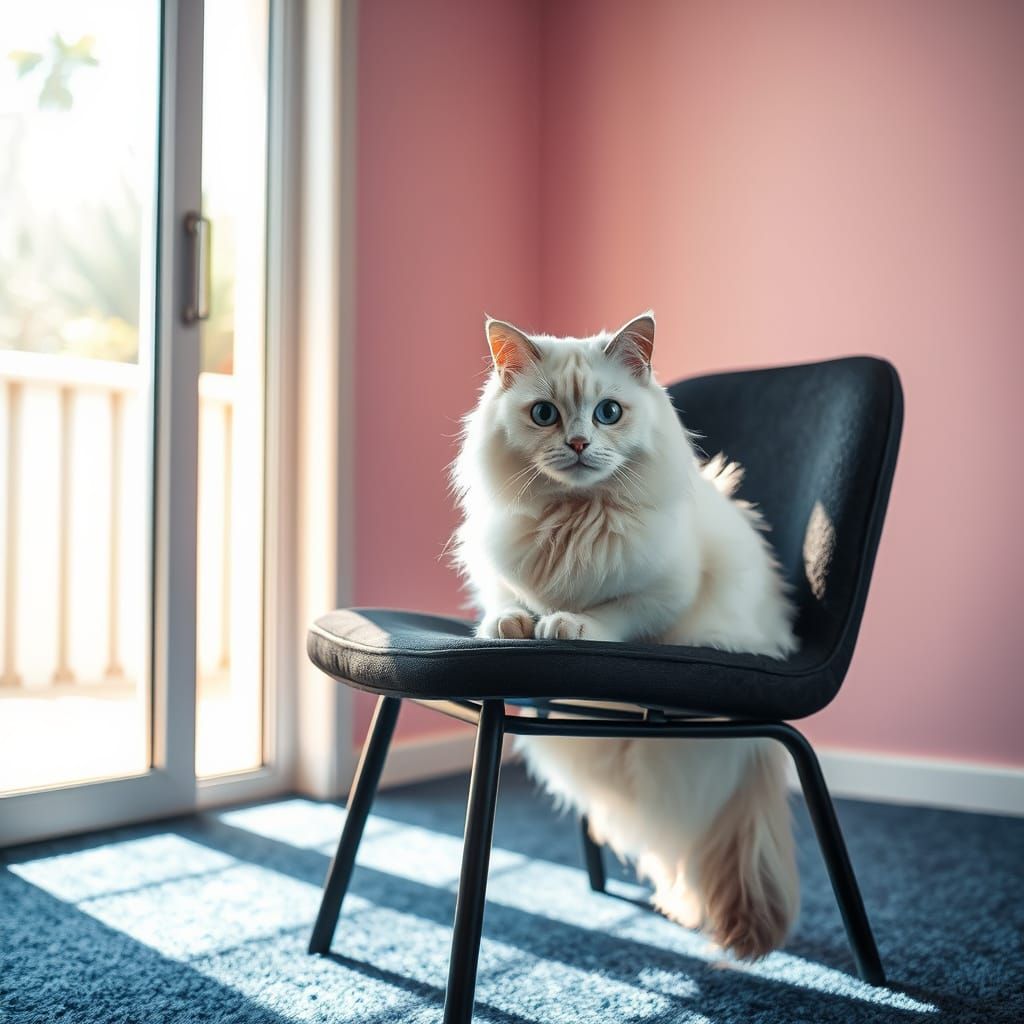 Photorealistic White Cat Bathed in Sunlight on Black Chair