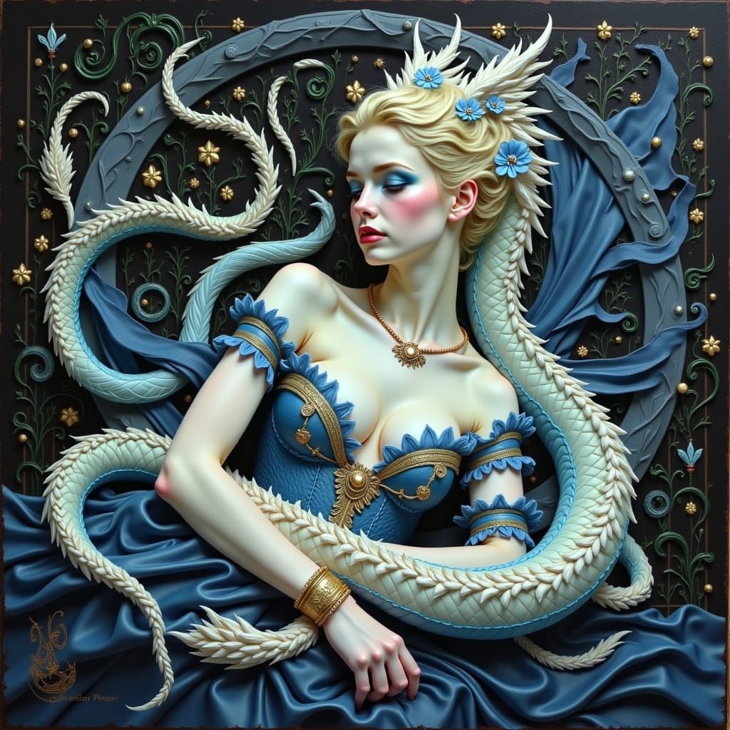 Ethereal Dragon Girl in Dark Folk Art Style