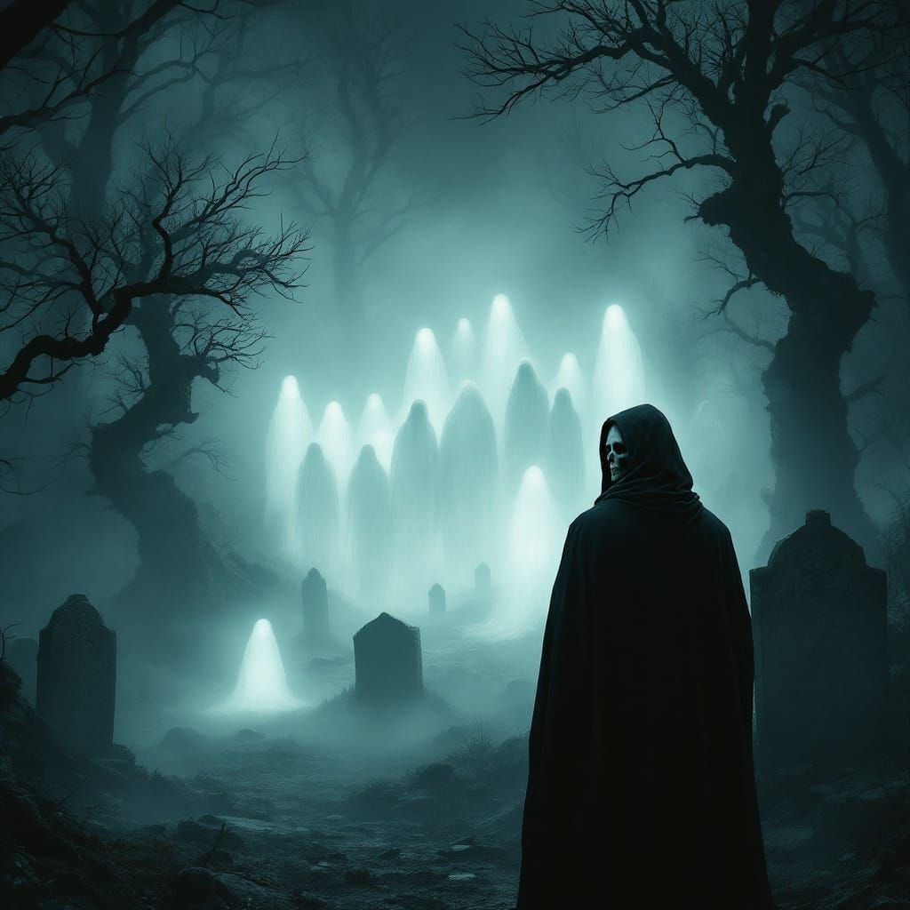 Grim Reaper in Cemetery Watching Rising Souls