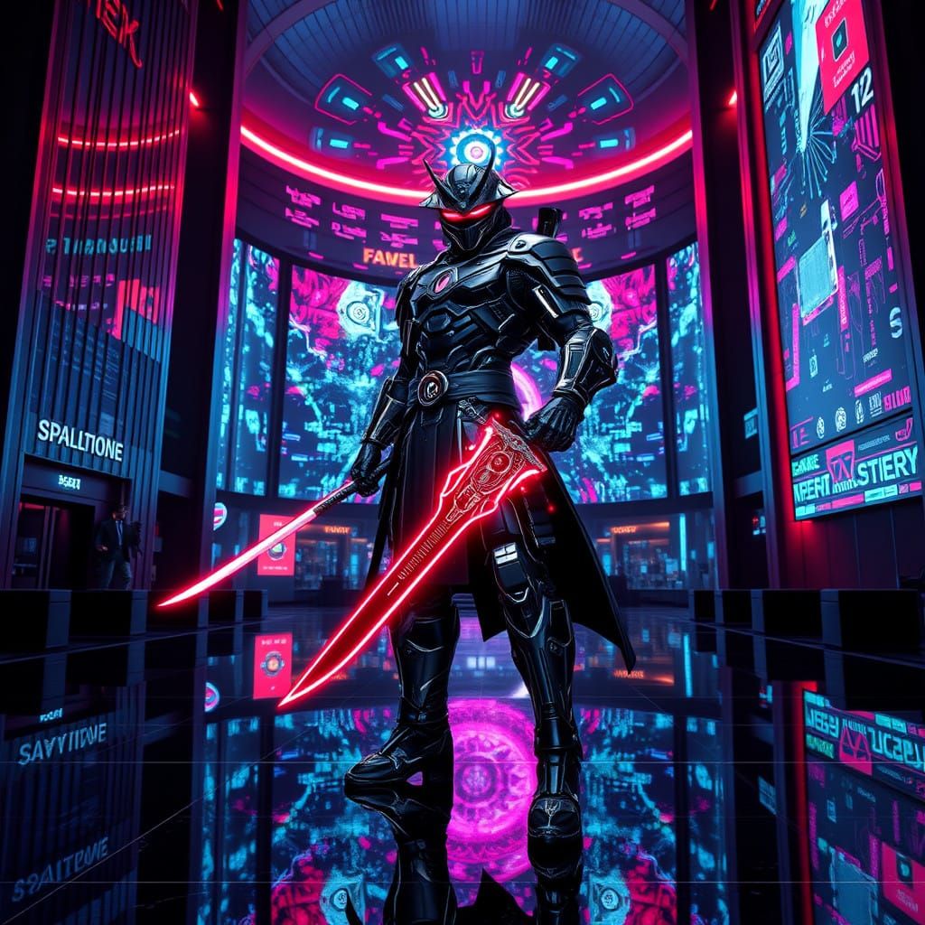 Cyberpunk Samurai Guards Corporate HQ in Neon-Lit Skyscraper...