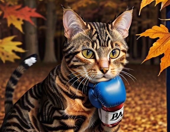 Autumn Tabby Cat Boxing Portrait with Acrylic Style