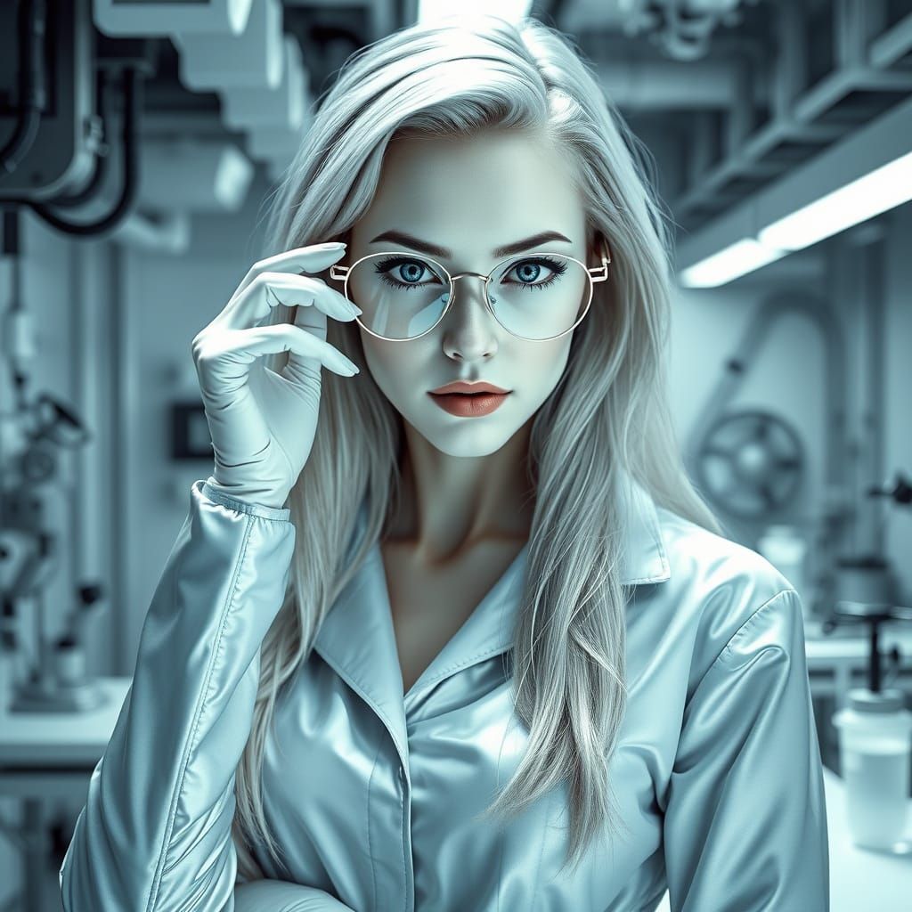 Silver-Clad Scientist in Futuristic Lab, Photorealistic