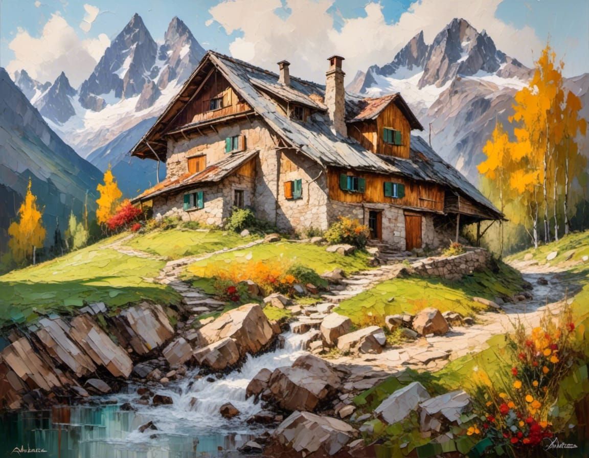 Swiss Alps Landscape as Impasto Painting