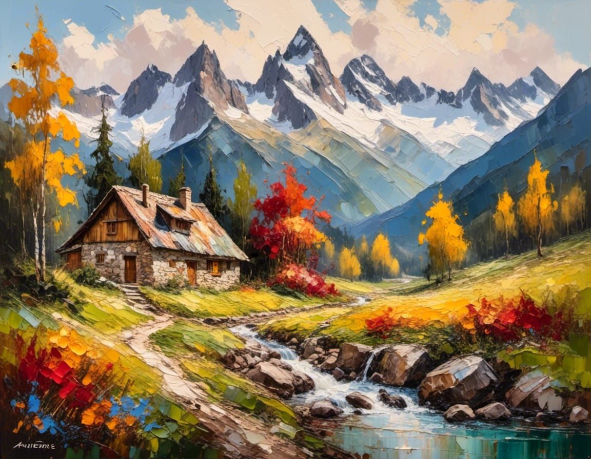 Swiss Alps Cabin in Impasto Style