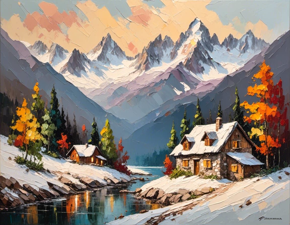 Swiss Alps Landscape with Stone Cabin as Impasto Painting