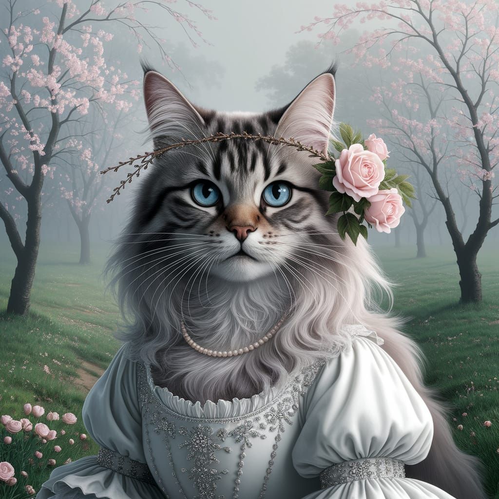 Cat in White Gown in Misty Orchard, Pre-Raphaelite Style