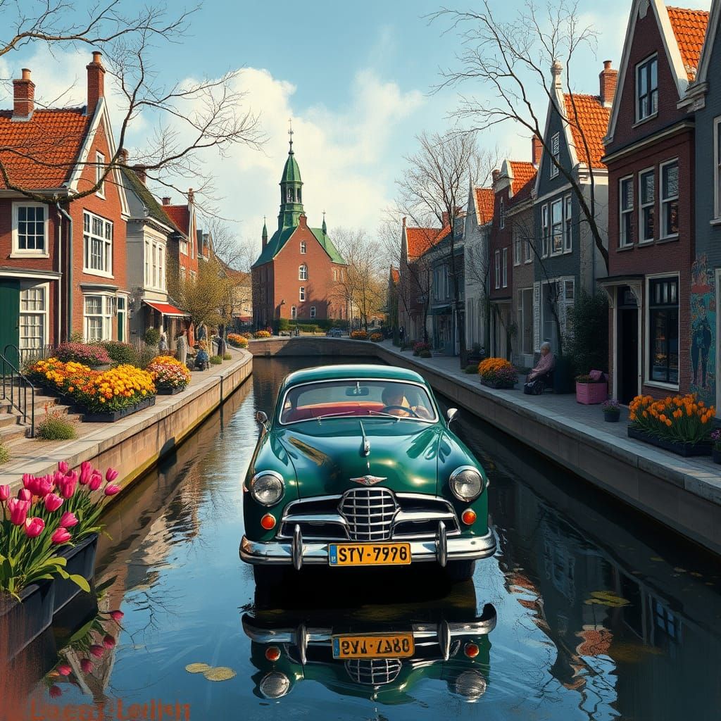 Netherlands Canal Scene in Impressionist Style