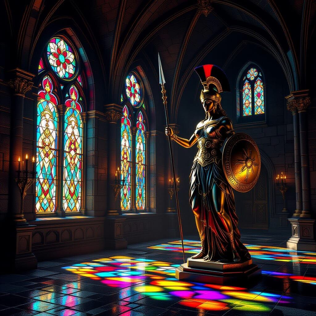 Dark Fantasy Castle Interior with Athena Statue