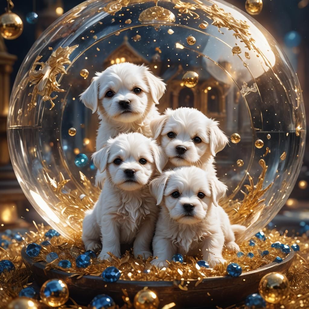 Maltese Puppies in Crystal Ball with Golden Dust