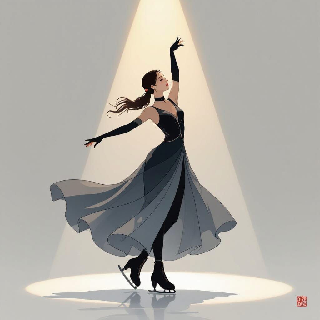 Figure Skater in Graceful Pose, Japanese Ink Wash Style