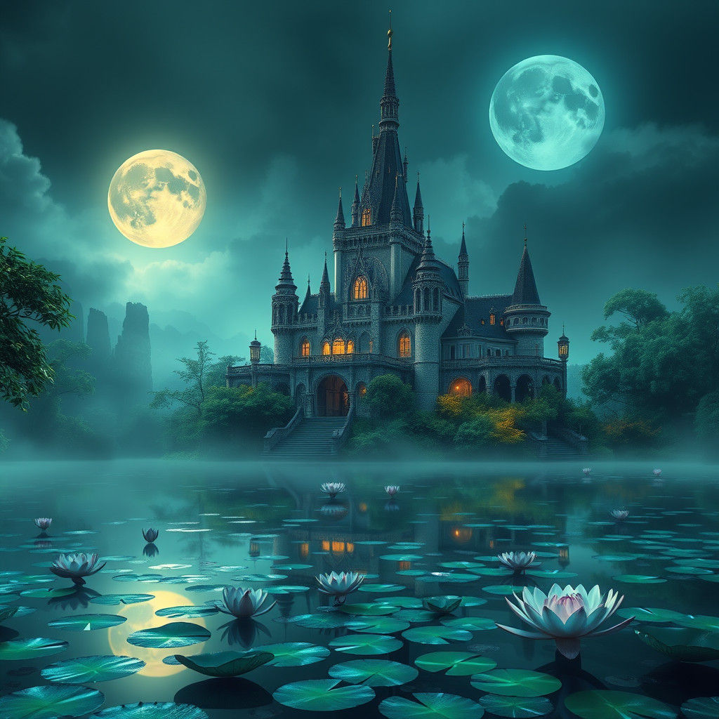 Majestic Castle on Mystical Lake, Dreamlike Matte Painting