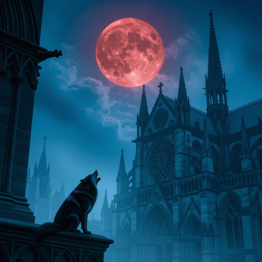 Werewolf Howling at Blood Moon Over Gothic Cathedral
