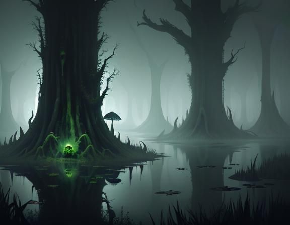 Bullywug Emerges from Misty Swamp: Dark Fantasy Art