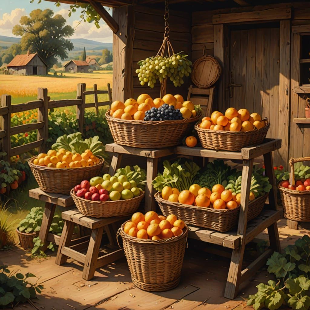 Rustic Fruit Stand Still Life in Oil Painting Style