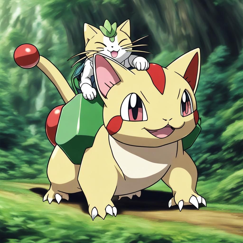 Meowth Rides Bulbasaur: A High-Quality Photograph