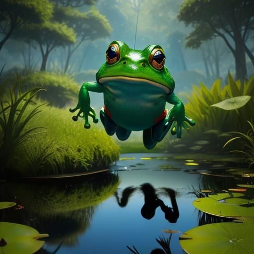 Cartoon Frog Leaping from Pond, Comic Book Art