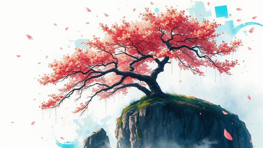 Cherry Trees on Cliff: Watercolour Impressionist Painting