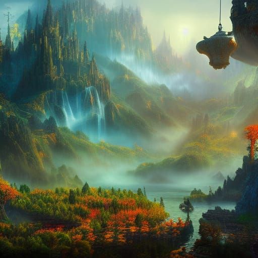 Enchanting Forest Kingdom at Sunrise: Fantasy Art