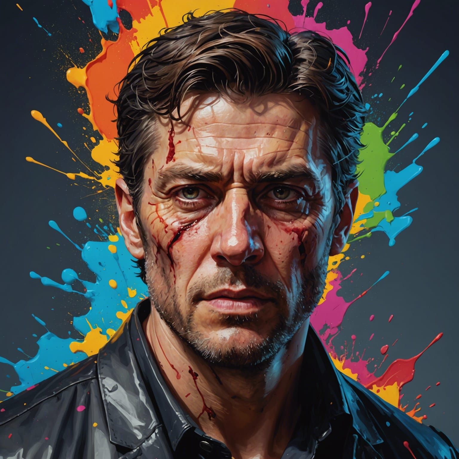 Hyperrealistic Psychopath with Colorful Splash Art