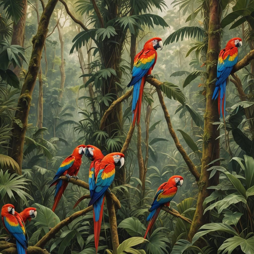 Scarlet Macaw in Rainforest, Classic Style