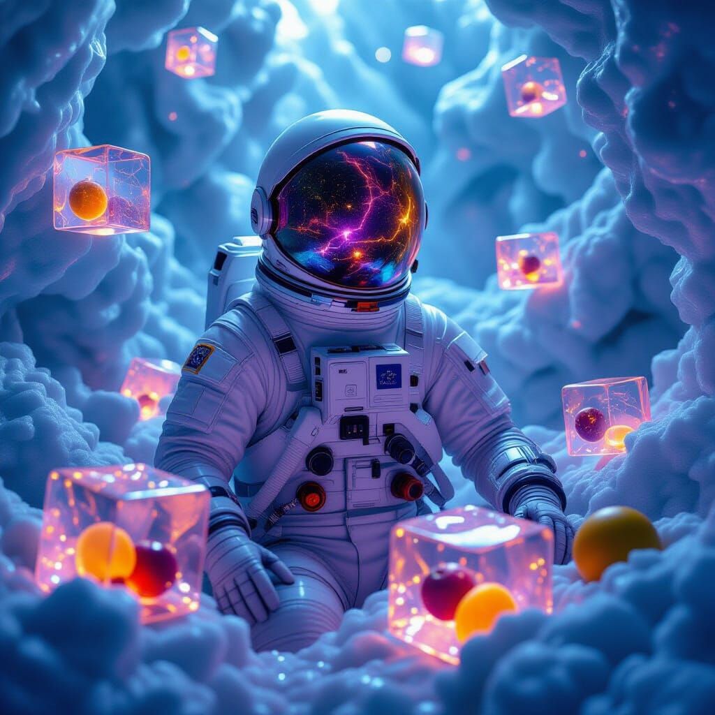 Astronaut in Galactic Utopia with Fruit Cubes