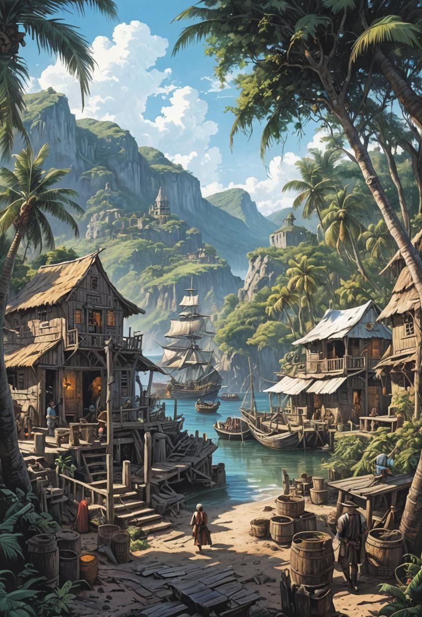 Vibrant 18th Century Caribbean Village in Rich Color