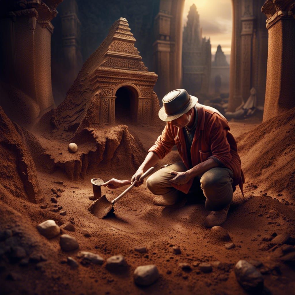 Archaeological Dig Site with Kneeling Archaeologist