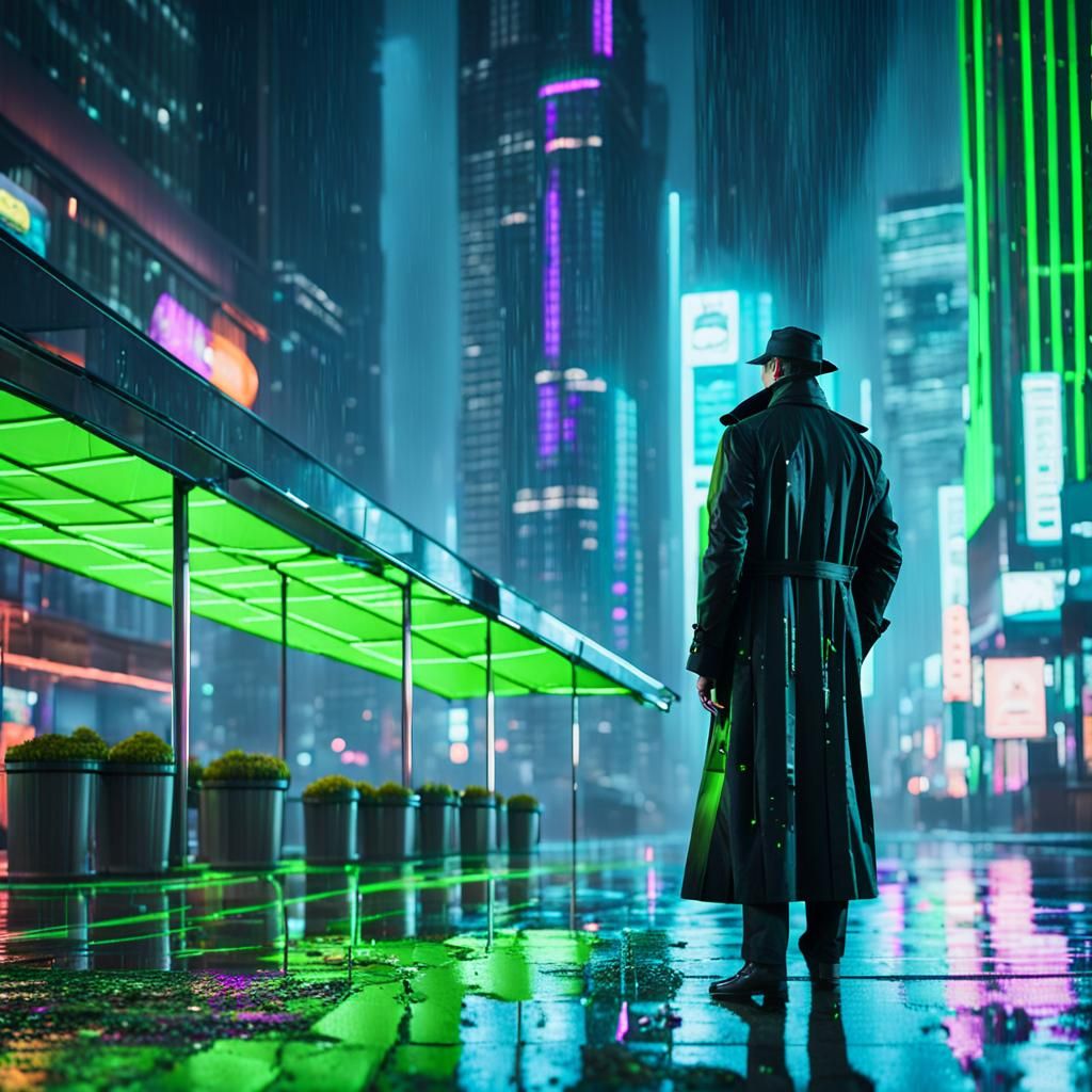 Cyberpunk Cityscape: Neon Detective in the Rain