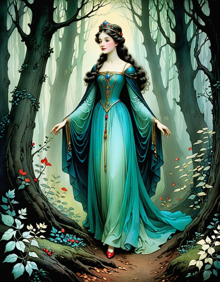 Princess Lost in Dark Wood: Fairytale Illustration