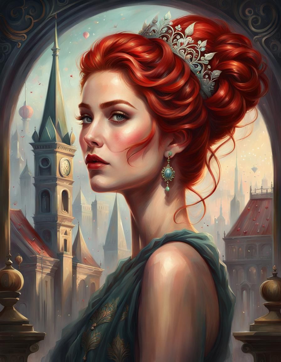 Red-Haired Woman in Tiara: Art Nouveau Portrait