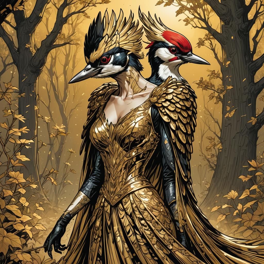 Woodpecker Bird in Gold Gown: Comic Book Art