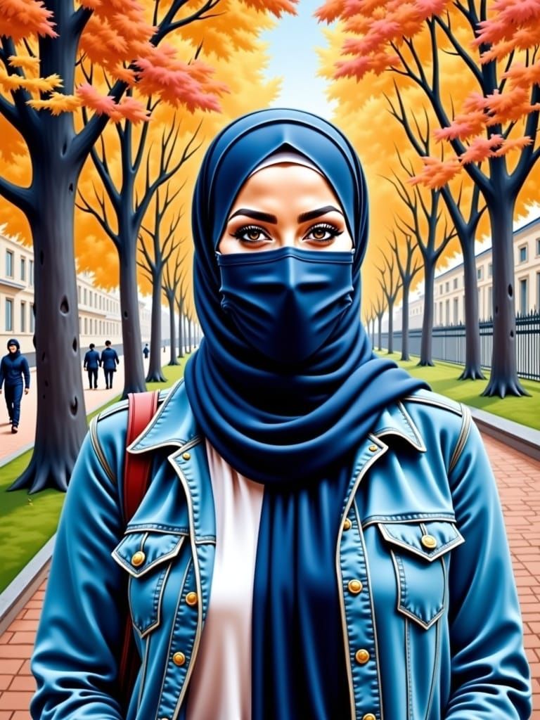 Masked Beauty in City Park: Oil-Guache Portrait