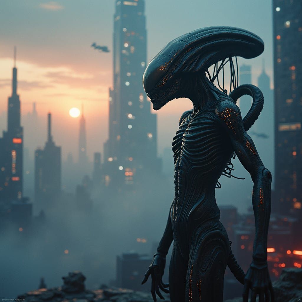 Gritty Alien Hero in a Dystopian Cityscape