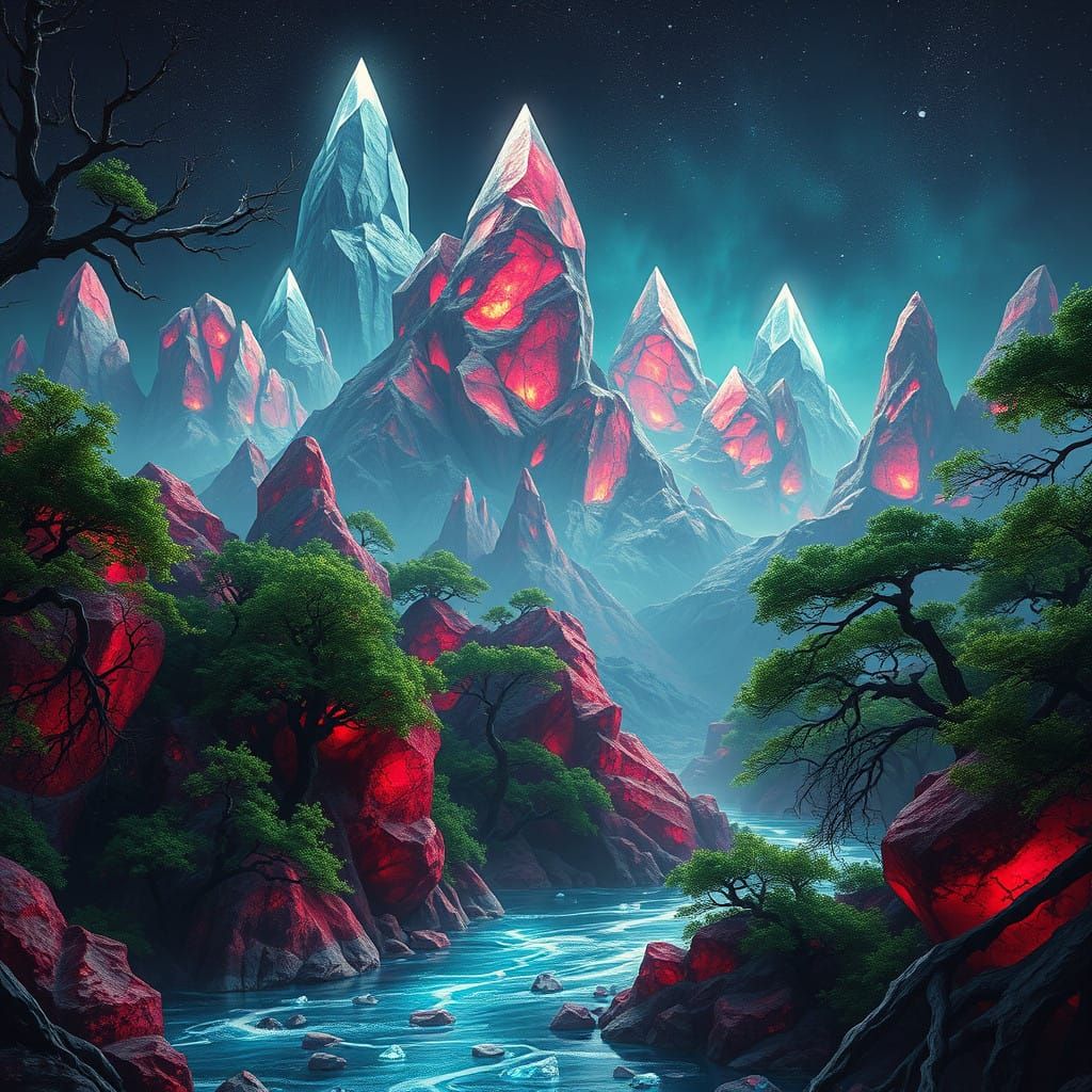Ethereal Ruby Mountains in Dark Fantasy Realism
