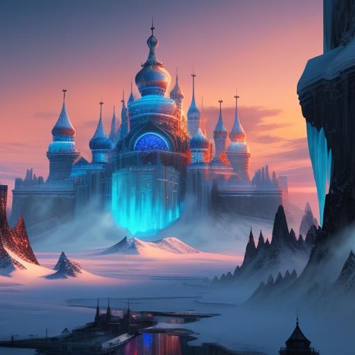 Siberian Ice Palace at Sunset: Fantasy Concept Art