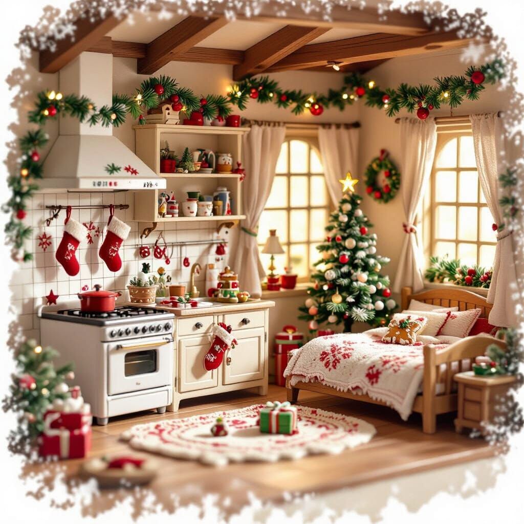 Arrietty's Christmas Kitchen and Bedroom Illustration