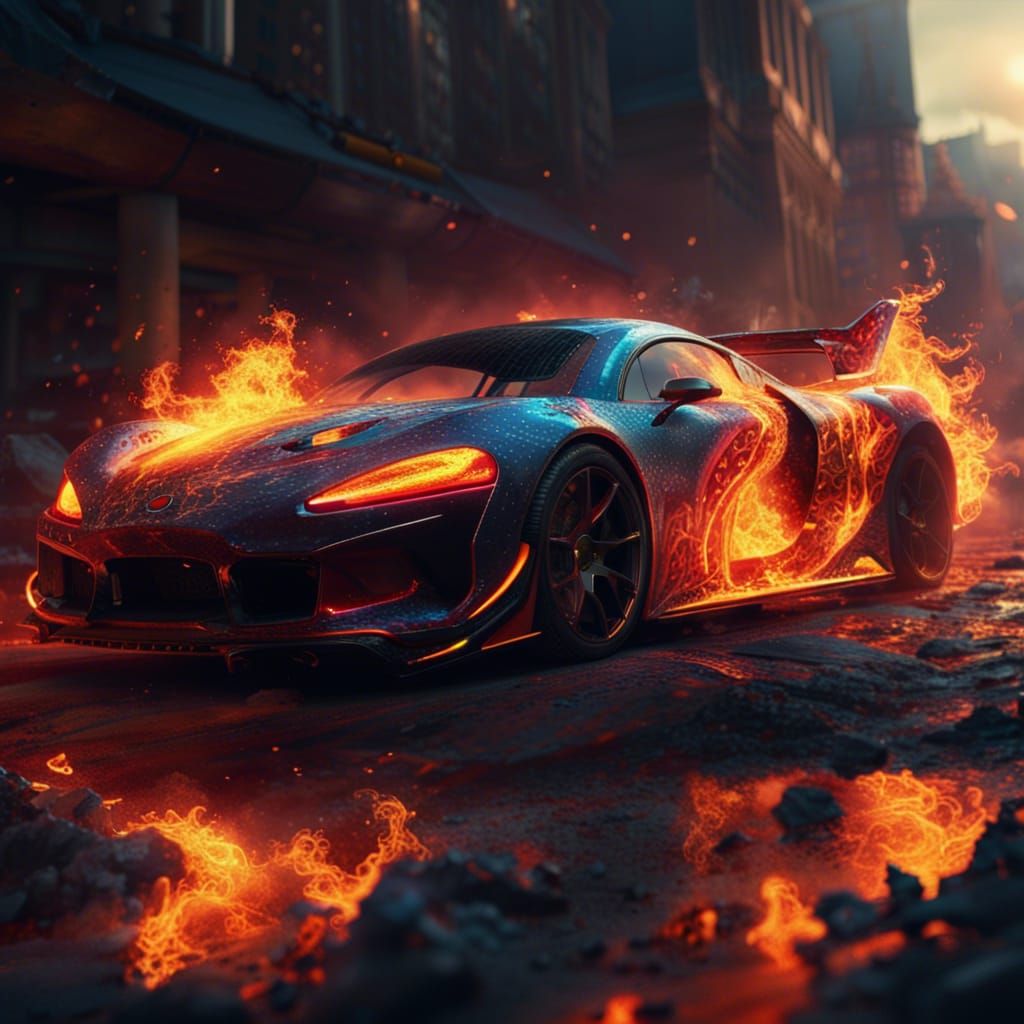 Sportscar on Fire: Detailed Matte Painting