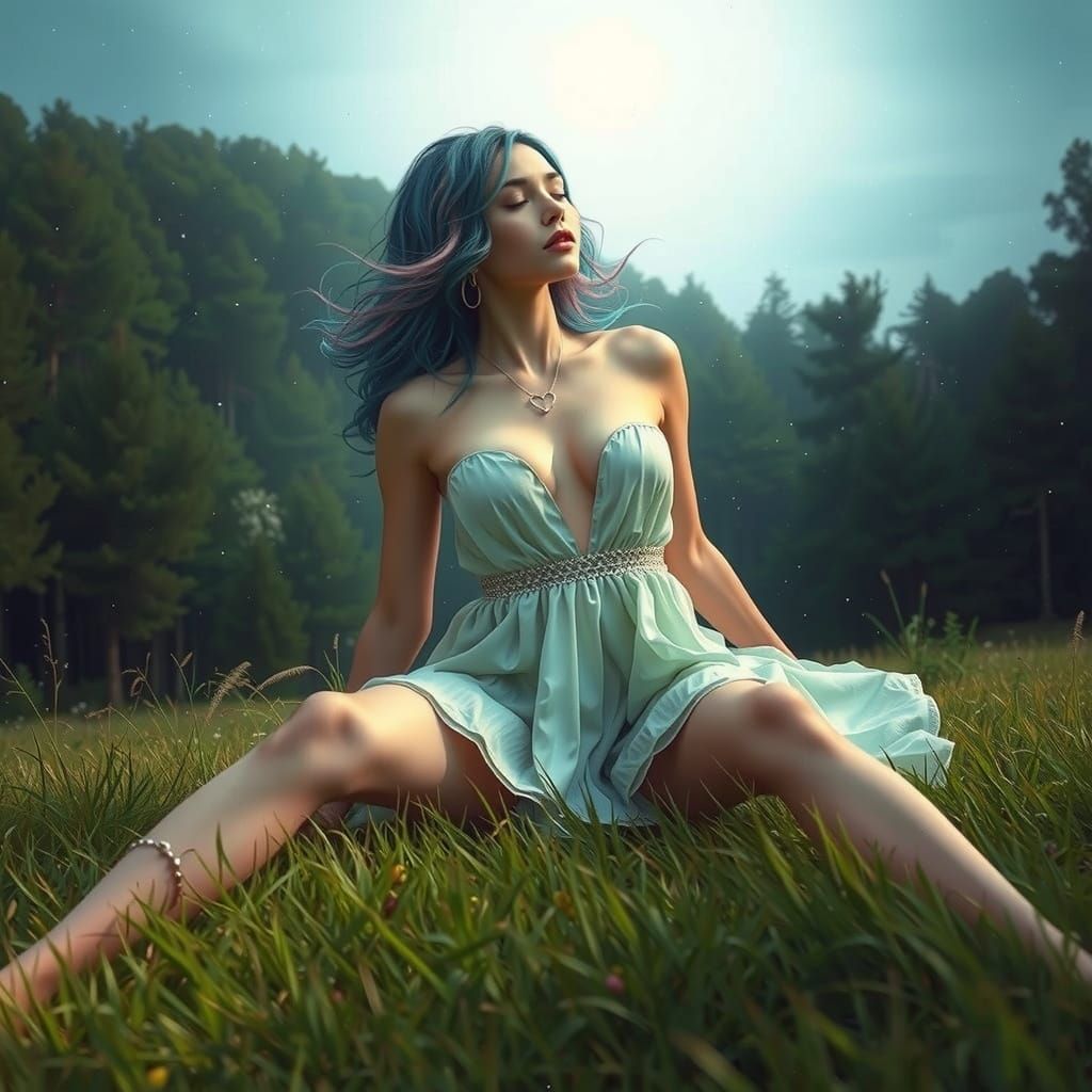 Surreal Goddess in Moonlit Meadow