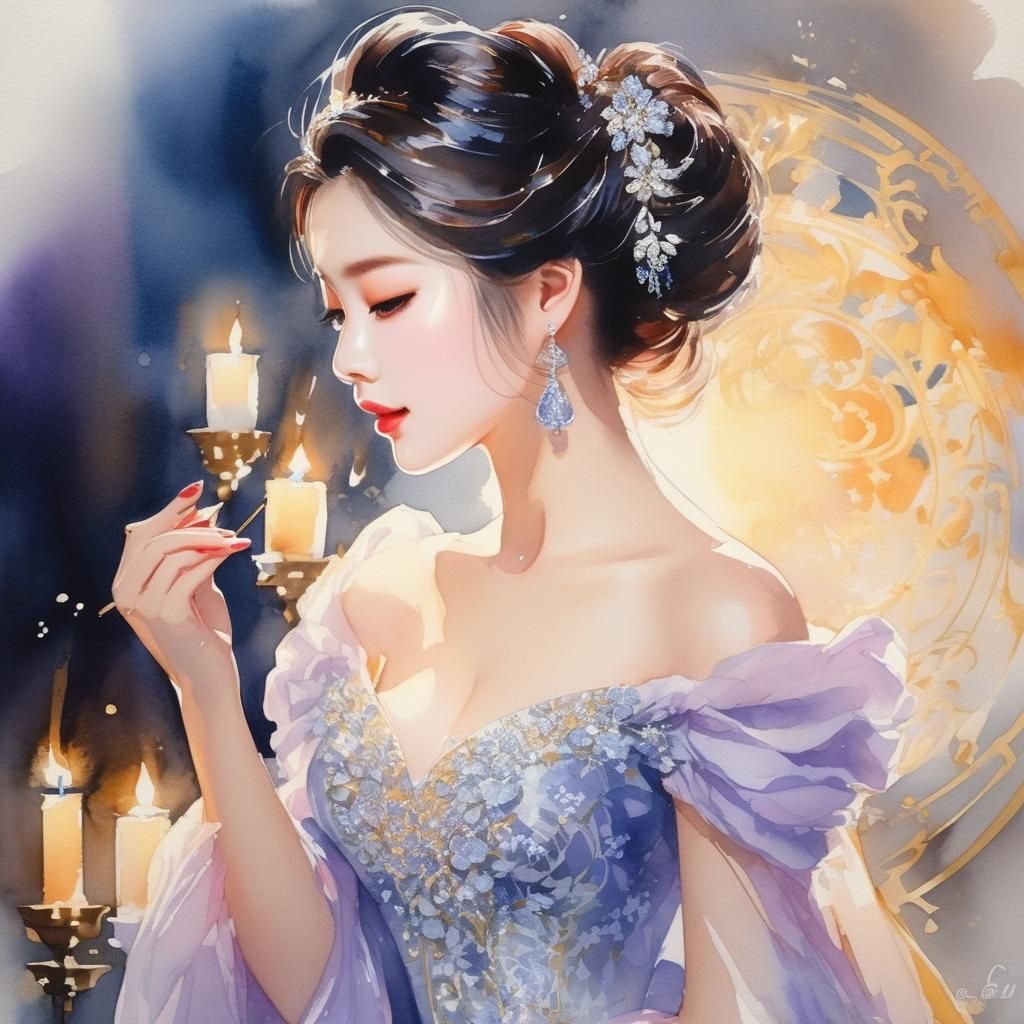 Lady in Gown with Candlelight, Watercolor Gouache