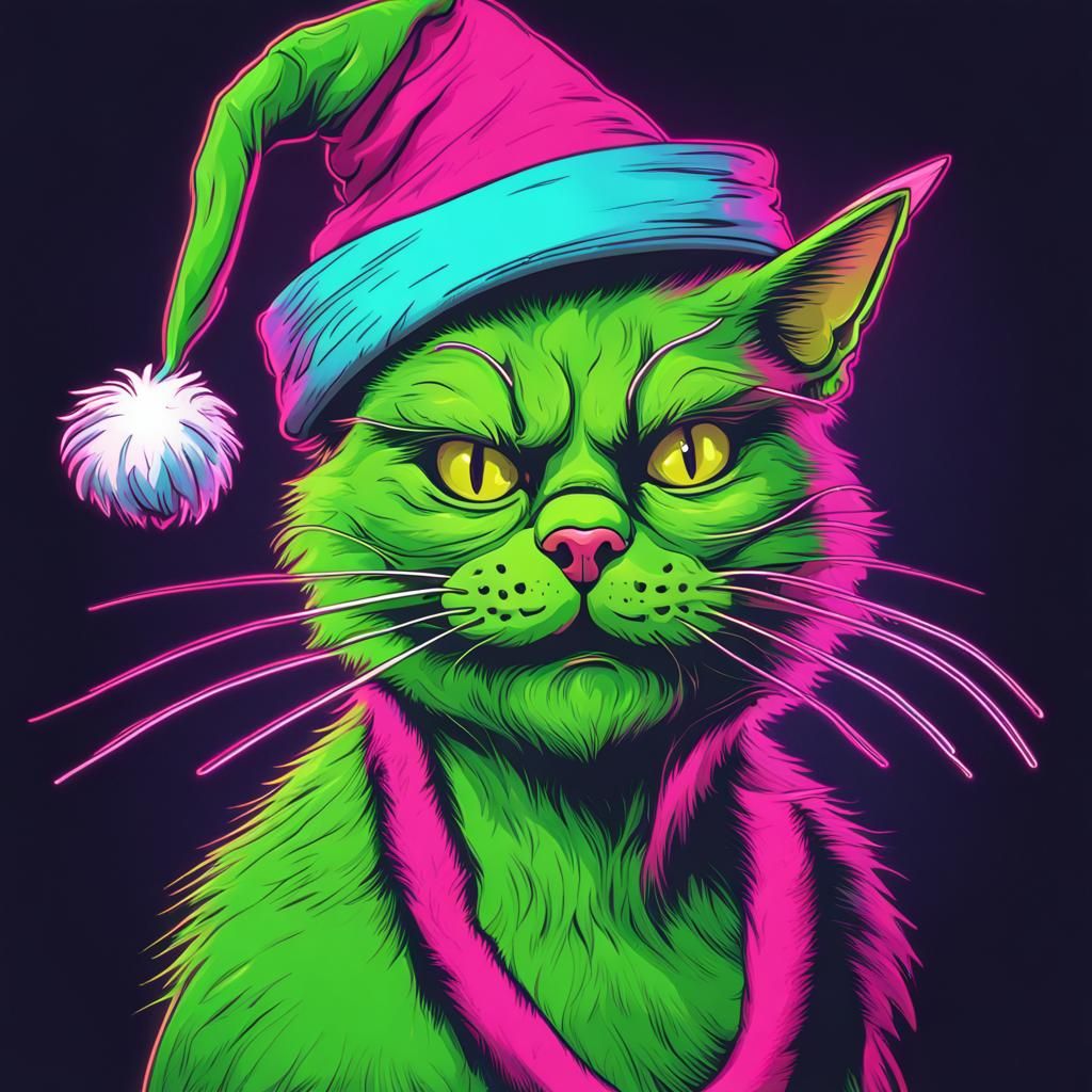 Grinch Cat in Santa Hat: Synthwave Neon Art