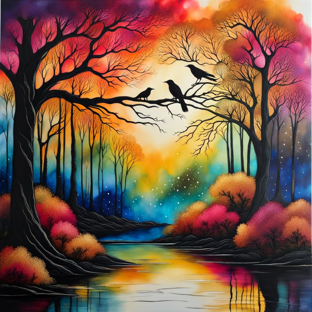 Crows Dreaming Under Fantasy Trees in Alcohol Ink