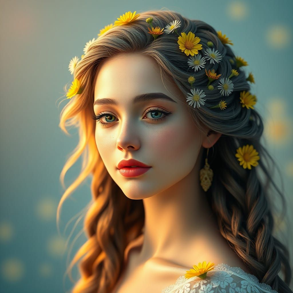 Majestic Floral Portrait of the Dandelion Lady in Ethereal B...