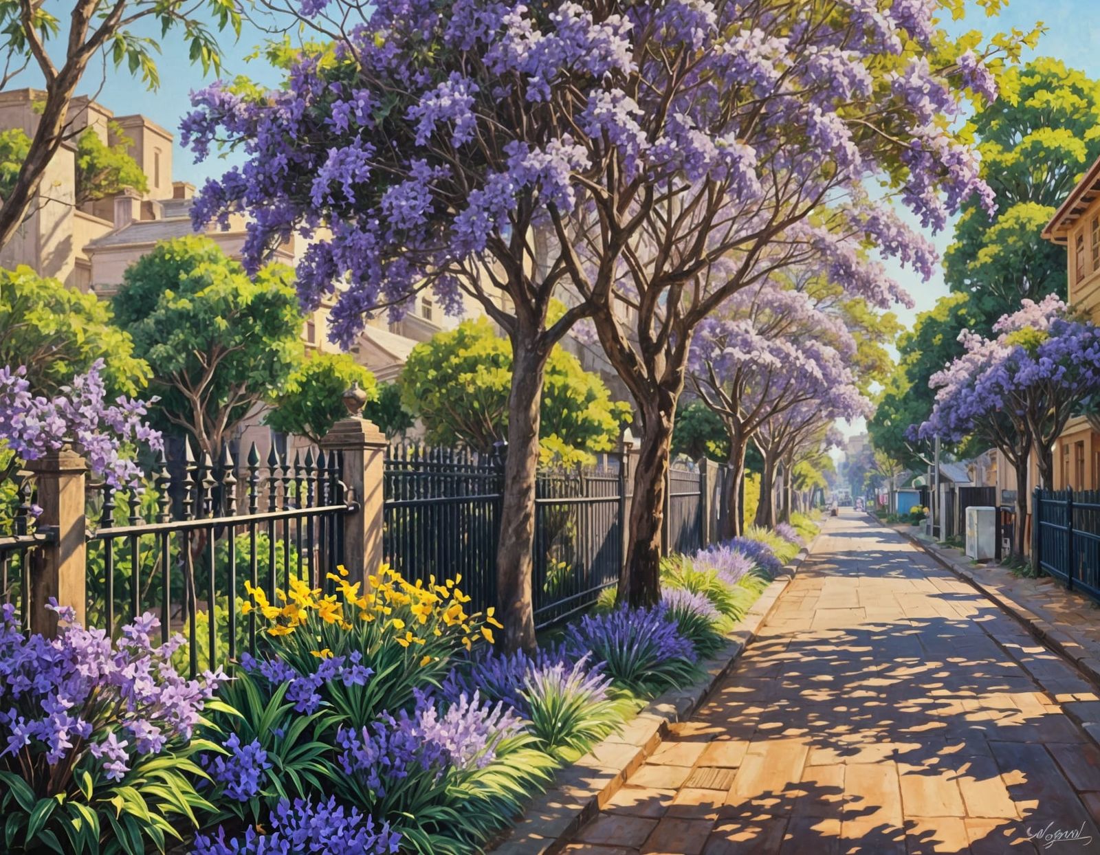 Jacaranda Trees Bloom in Sunny Sydney: Oil Painting
