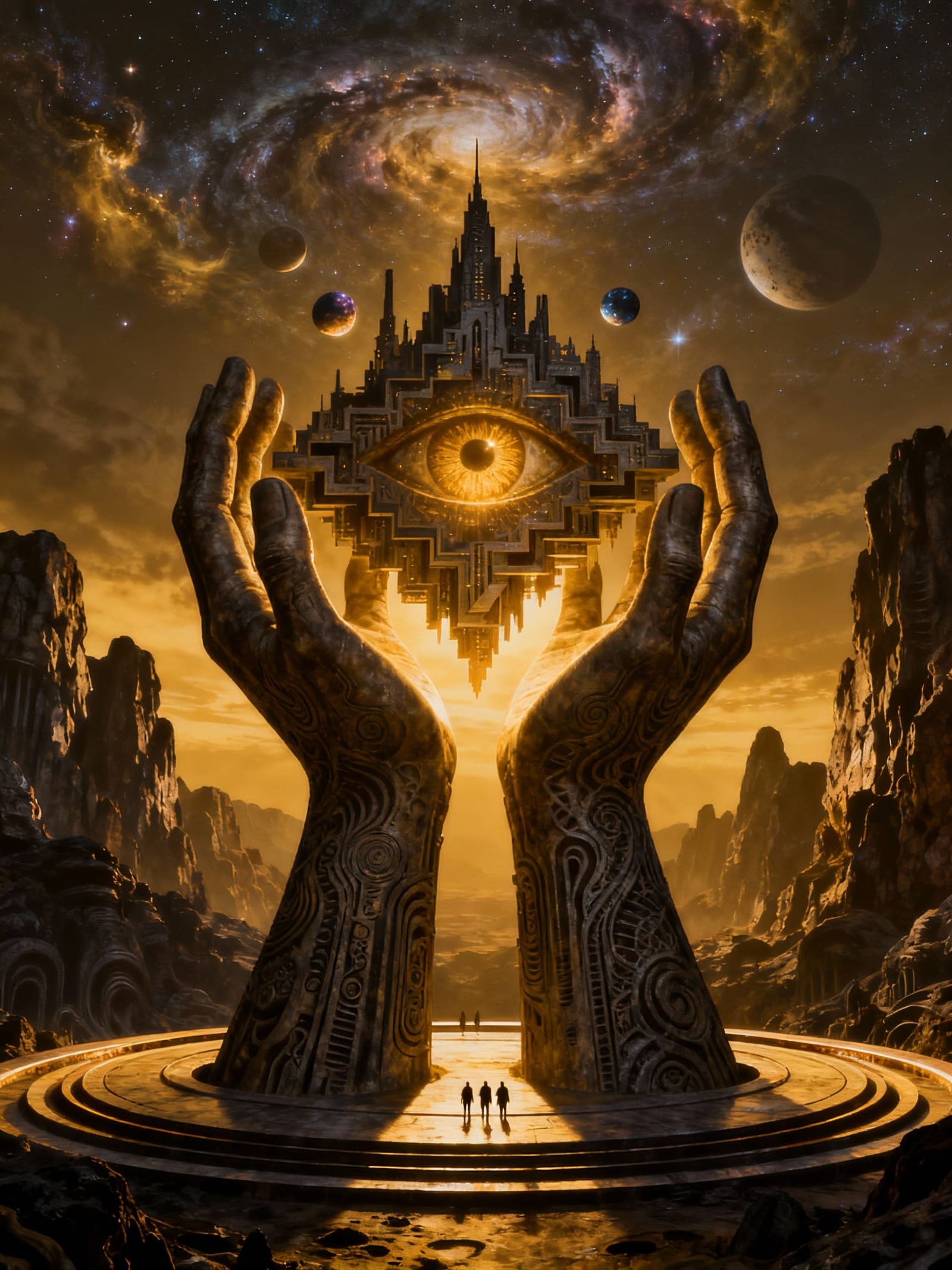 Surreal Digital Art: Giant Hands Holding Geometric City