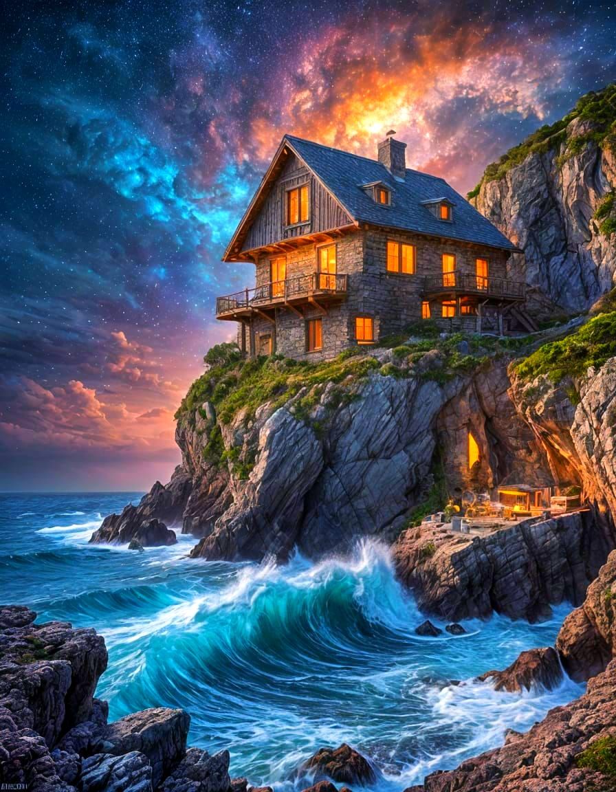 Dramatic Night Seascape with Starry Galaxy