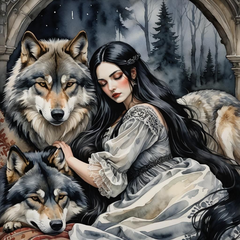 Gothic Woman Asleep with Wolf: Watercolor Painting