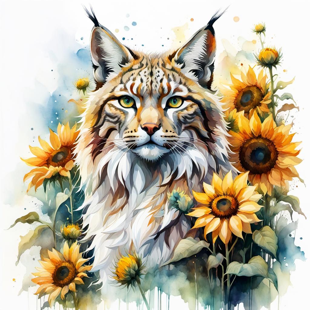 Lynx in Summer Sunflower Field Watercolor Illustration