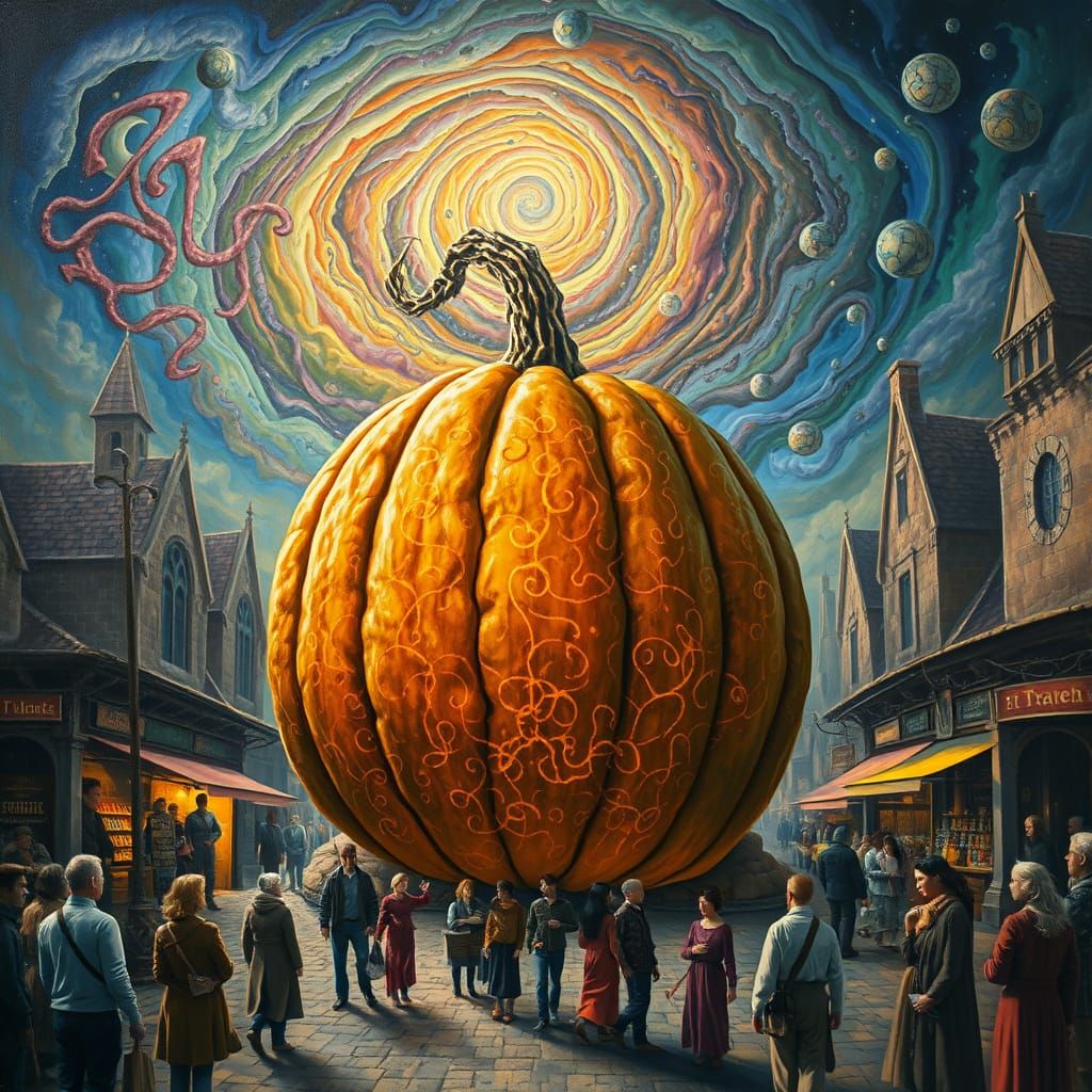 Giant Rune Pumpkin in Surreal Medieval Market