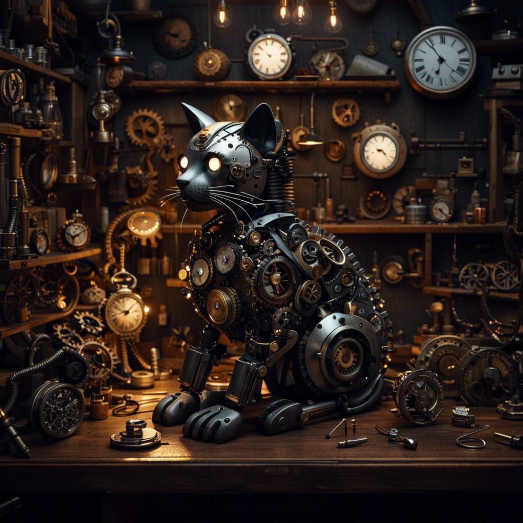Robotic Clockwork Cat in Cosy Workshop